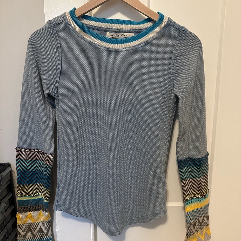 Free People Light Blue Knit Long Sleeve Top with Patterned Cuffs